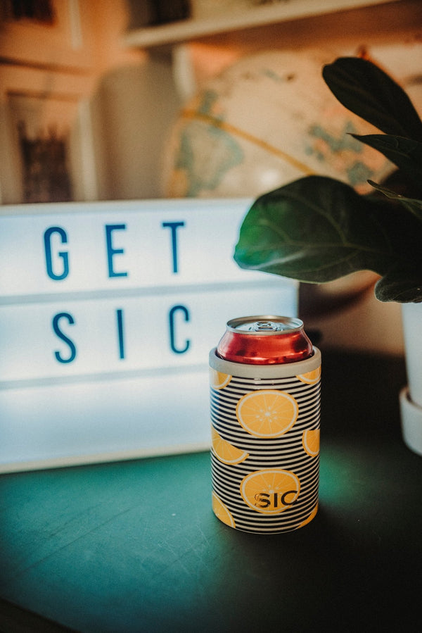 12oz. SIC® Can Cooler Lemon Stripes - SIC Lifestyle